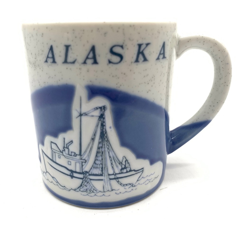 Vintage 1987 ACE Alaska Coffee Mug Speckled Grey Blue Fishing Boat Trawler Cup